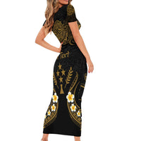 Personalised Kosrae Liberation Day Short Sleeve Bodycon Dress Polynesian Tattoo and Plumeria Gold Color LT03 - Polynesian Pride