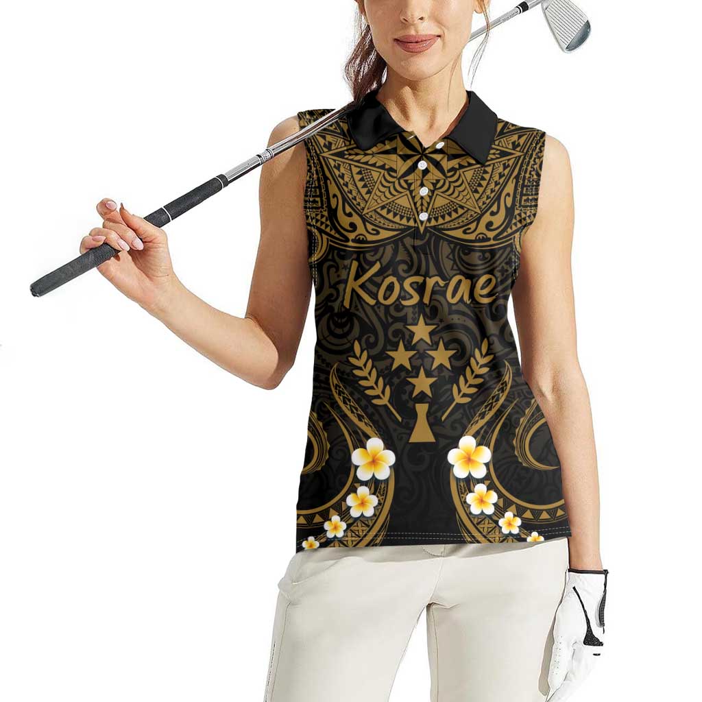 Personalised Kosrae Liberation Day Women Sleeveless Polo Shirt Polynesian Tattoo and Plumeria Gold Color LT03 - Polynesian Pride