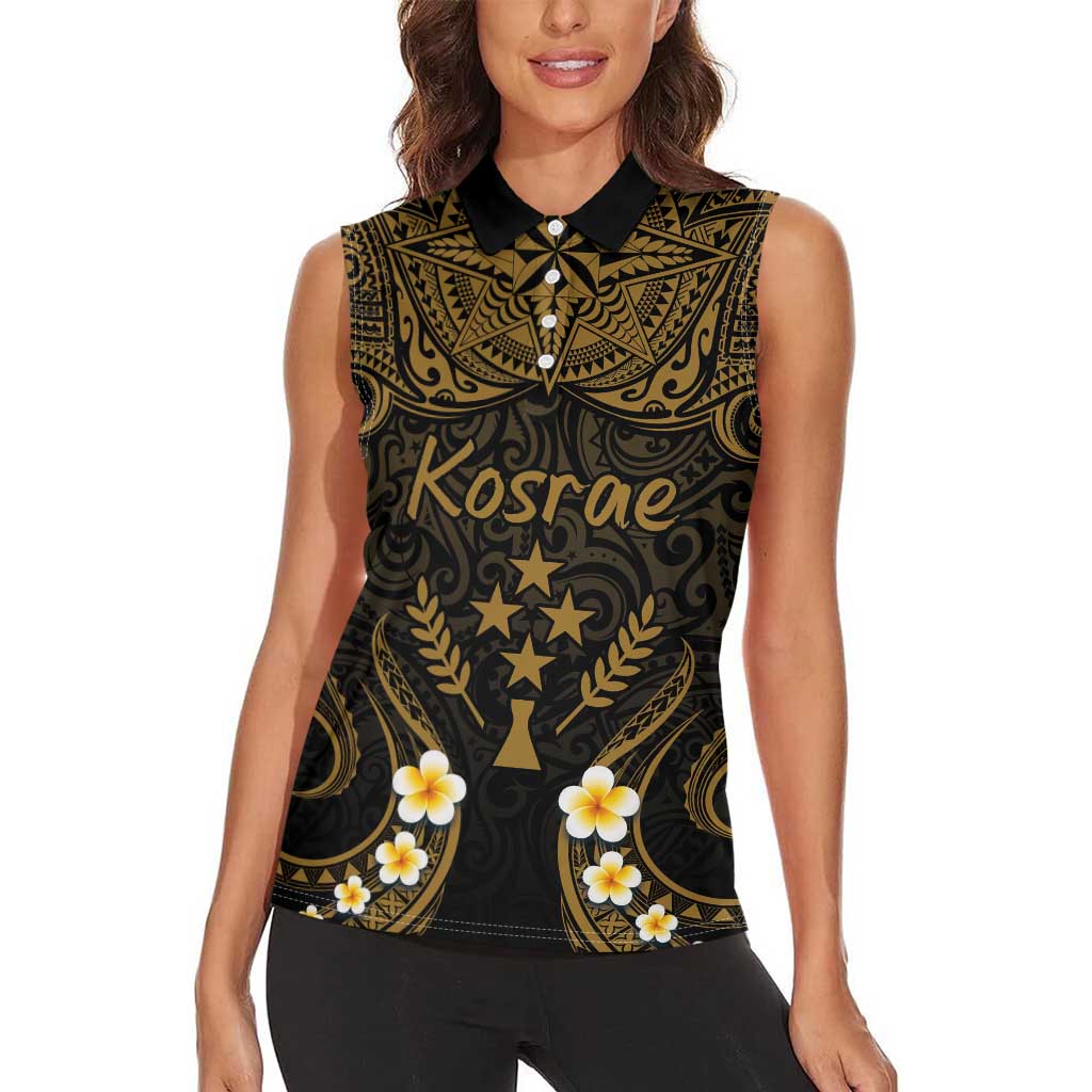 Personalised Kosrae Liberation Day Women Sleeveless Polo Shirt Polynesian Tattoo and Plumeria Gold Color LT03 - Polynesian Pride