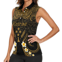 Personalised Kosrae Liberation Day Women Sleeveless Polo Shirt Polynesian Tattoo and Plumeria Gold Color LT03 - Polynesian Pride