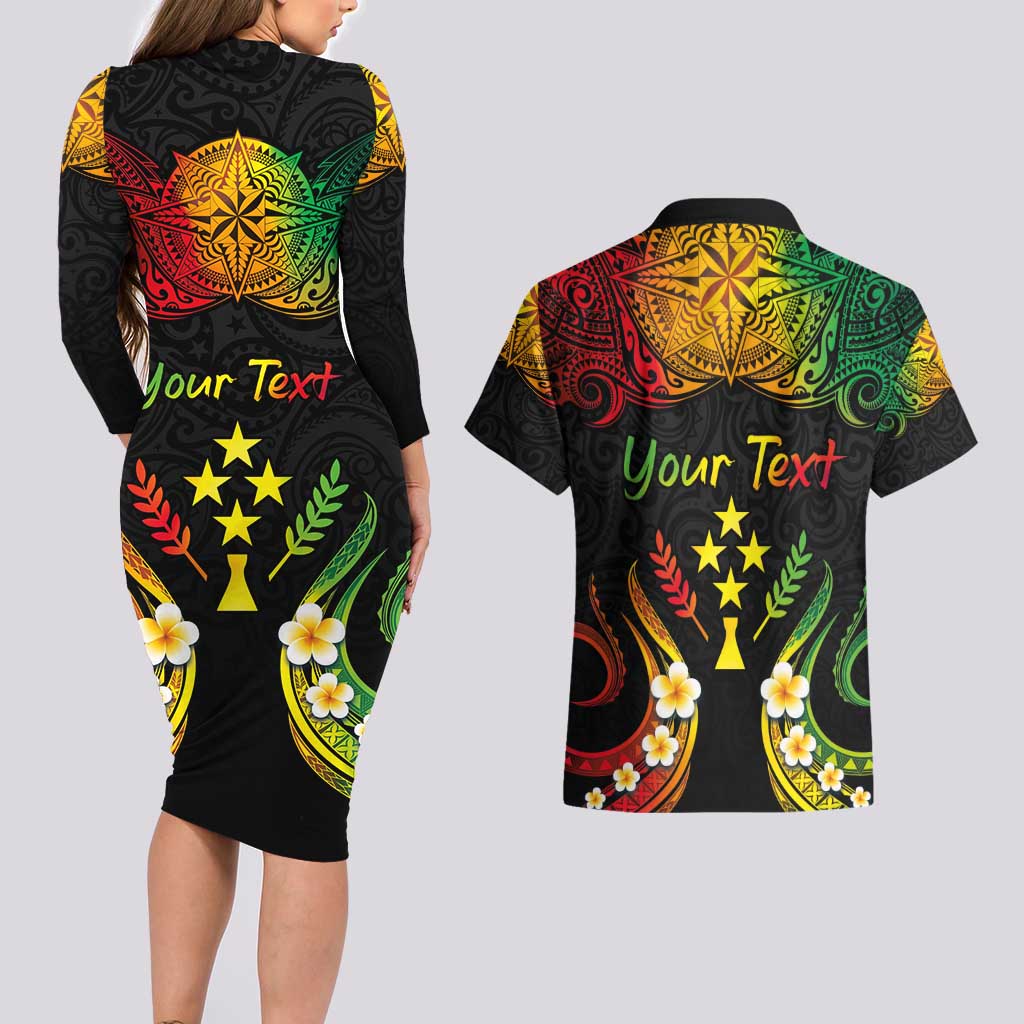 Personalised Kosrae Liberation Day Couples Matching Long Sleeve Bodycon Dress and Hawaiian Shirt Polynesian Tattoo and Plumeria Reggae Color LT03 - Polynesian Pride