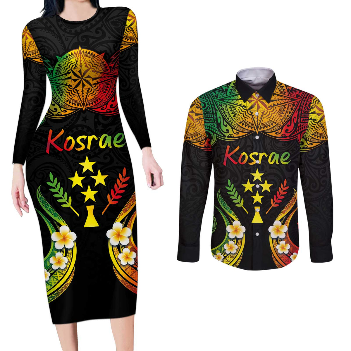 Personalised Kosrae Liberation Day Couples Matching Long Sleeve Bodycon Dress and Long Sleeve Button Shirt Polynesian Tattoo and Plumeria Reggae Color LT03 Reggae - Polynesian Pride