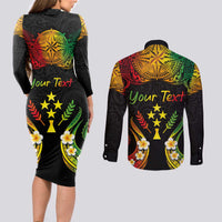Personalised Kosrae Liberation Day Couples Matching Long Sleeve Bodycon Dress and Long Sleeve Button Shirt Polynesian Tattoo and Plumeria Reggae Color LT03 - Polynesian Pride