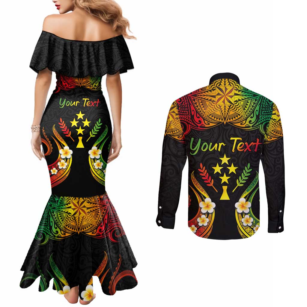 Personalised Kosrae Liberation Day Couples Matching Mermaid Dress and Long Sleeve Button Shirt Polynesian Tattoo and Plumeria Reggae Color LT03 - Polynesian Pride