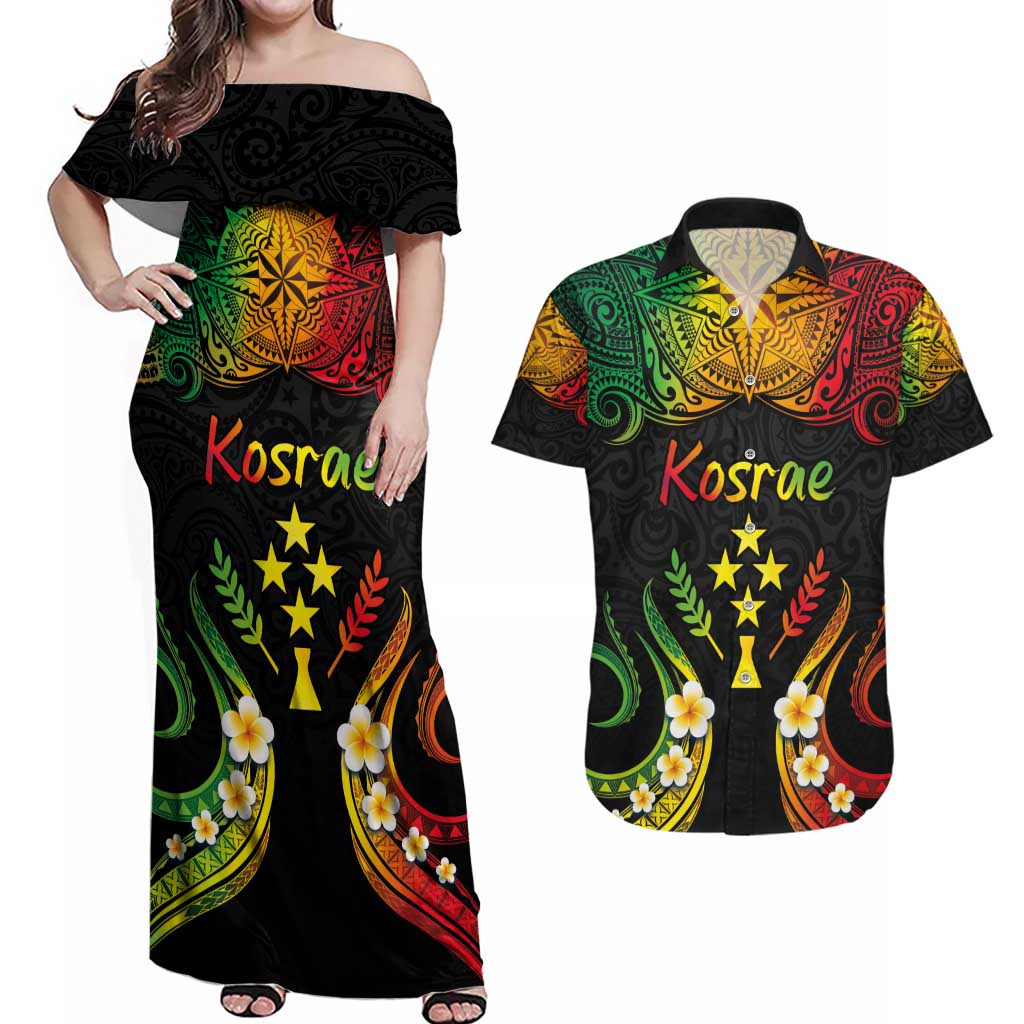 Personalised Kosrae Liberation Day Couples Matching Off Shoulder Maxi Dress and Hawaiian Shirt Polynesian Tattoo and Plumeria Reggae Color LT03 Reggae - Polynesian Pride