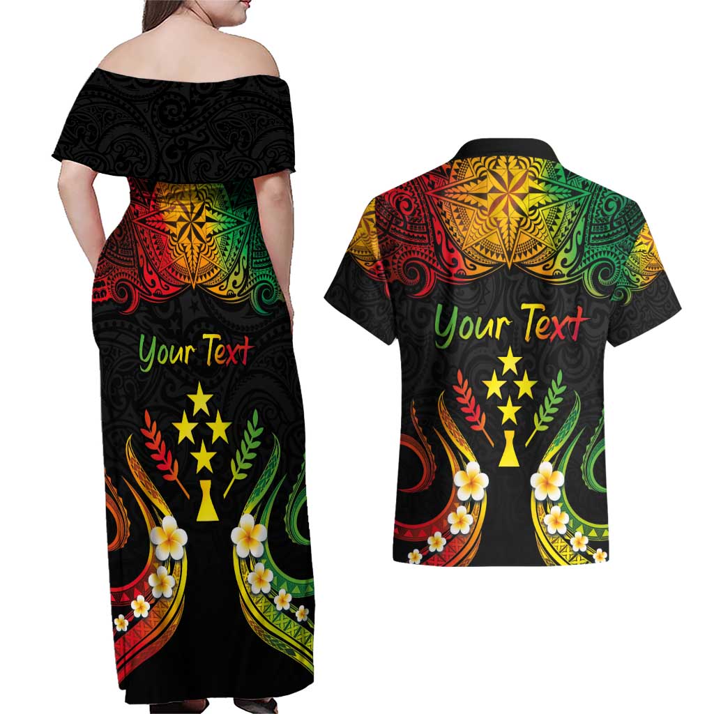 Personalised Kosrae Liberation Day Couples Matching Off Shoulder Maxi Dress and Hawaiian Shirt Polynesian Tattoo and Plumeria Reggae Color LT03 - Polynesian Pride