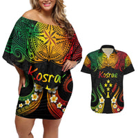 Personalised Kosrae Liberation Day Couples Matching Off Shoulder Short Dress and Hawaiian Shirt Polynesian Tattoo and Plumeria Reggae Color LT03 Reggae - Polynesian Pride