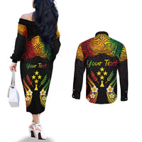 Personalised Kosrae Liberation Day Couples Matching Off The Shoulder Long Sleeve Dress and Long Sleeve Button Shirt Polynesian Tattoo and Plumeria Reggae Color LT03 - Polynesian Pride