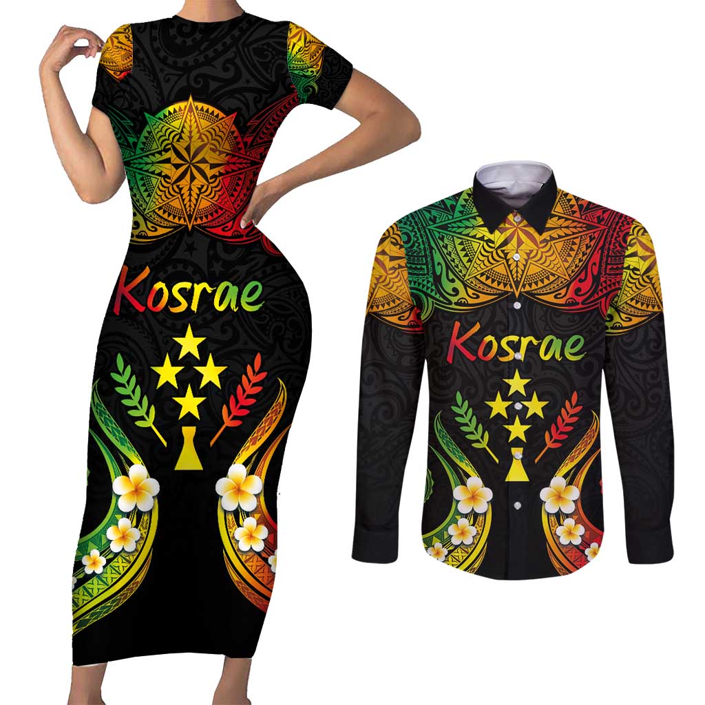 Personalised Kosrae Liberation Day Couples Matching Short Sleeve Bodycon Dress and Long Sleeve Button Shirt Polynesian Tattoo and Plumeria Reggae Color LT03 Reggae - Polynesian Pride