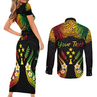 Personalised Kosrae Liberation Day Couples Matching Short Sleeve Bodycon Dress and Long Sleeve Button Shirt Polynesian Tattoo and Plumeria Reggae Color LT03 - Polynesian Pride