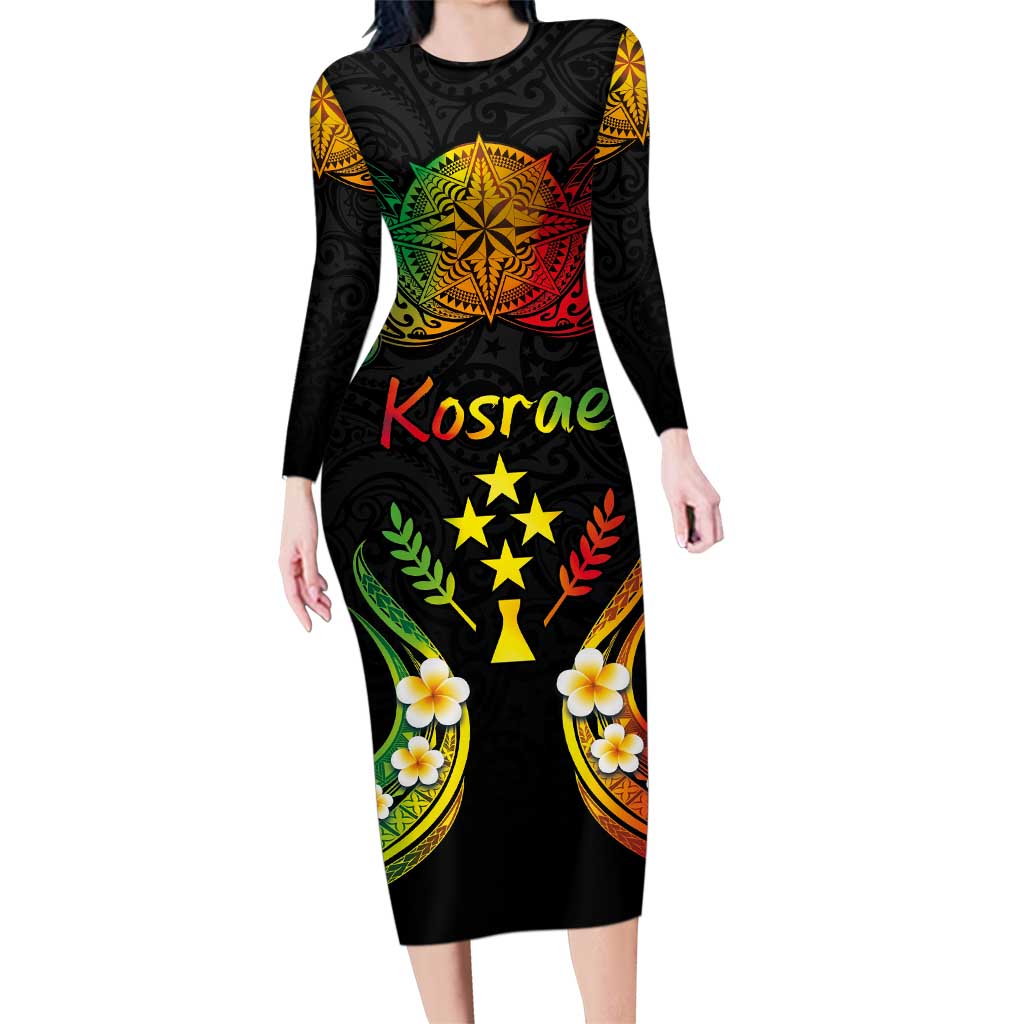 Personalised Kosrae Liberation Day Family Matching Long Sleeve Bodycon Dress and Hawaiian Shirt Polynesian Tattoo and Plumeria Reggae Color LT03 Mom's Dress Reggae - Polynesian Pride