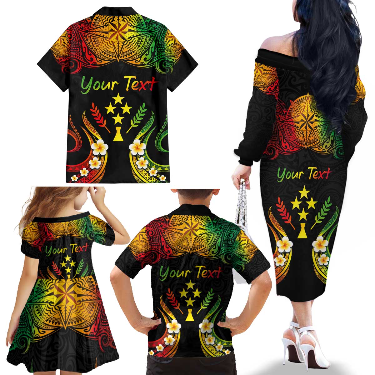 Personalised Kosrae Liberation Day Family Matching Off The Shoulder Long Sleeve Dress and Hawaiian Shirt Polynesian Tattoo and Plumeria Reggae Color LT03 - Polynesian Pride