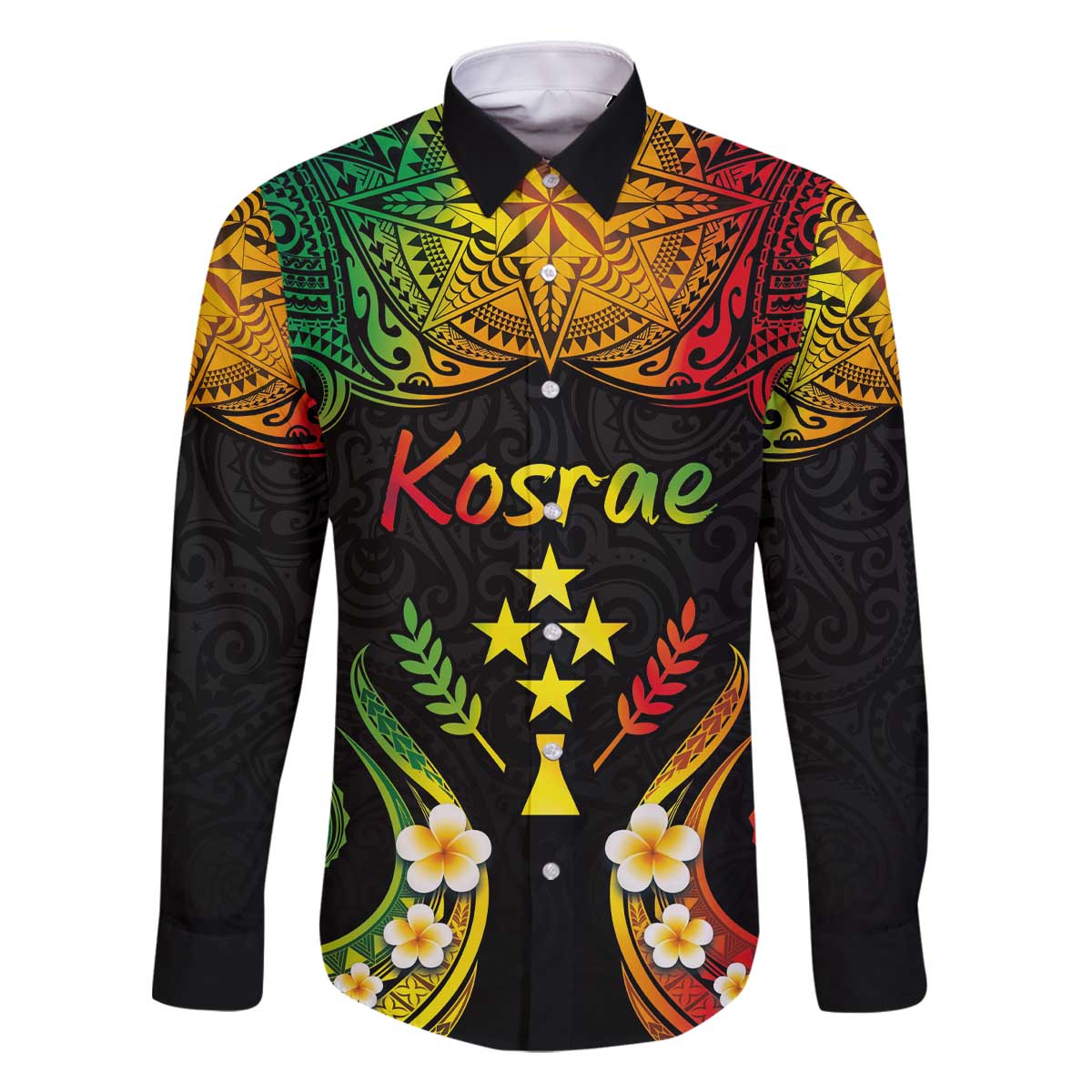 Personalised Kosrae Liberation Day Family Matching Off Shoulder Short Dress and Hawaiian Shirt Polynesian Tattoo and Plumeria Reggae Color LT03 Dad's Shirt - Long Sleeve Reggae - Polynesian Pride
