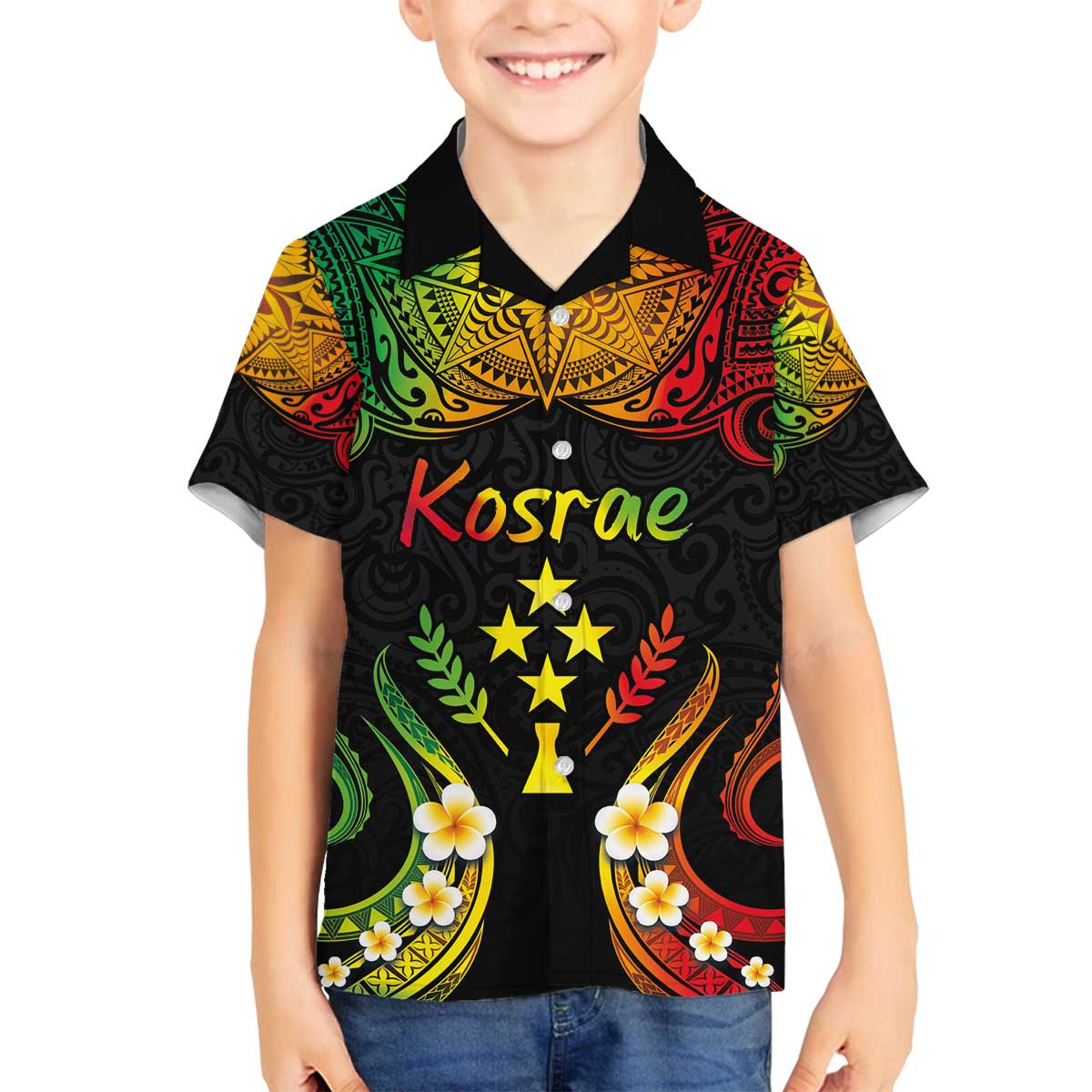 Personalised Kosrae Liberation Day Family Matching Off Shoulder Short Dress and Hawaiian Shirt Polynesian Tattoo and Plumeria Reggae Color LT03 Son's Shirt Reggae - Polynesian Pride