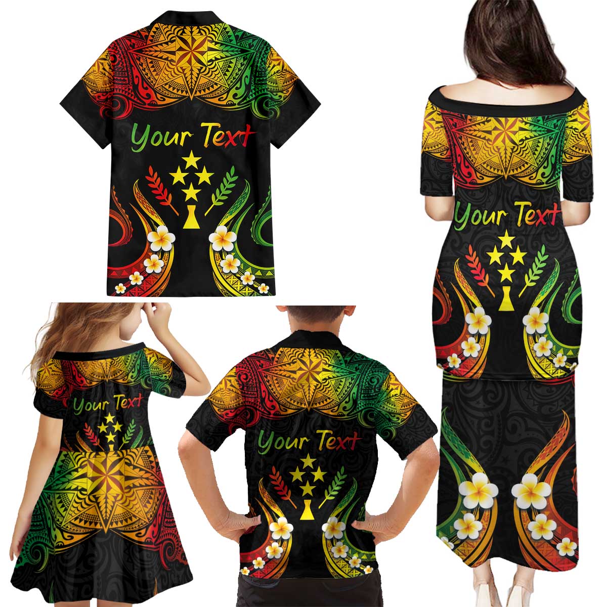 Personalised Kosrae Liberation Day Family Matching Puletasi and Hawaiian Shirt Polynesian Tattoo and Plumeria Reggae Color LT03 - Polynesian Pride