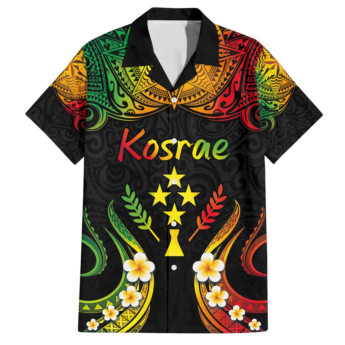Personalised Kosrae Liberation Day Family Matching Puletasi and Hawaiian Shirt Polynesian Tattoo and Plumeria Reggae Color LT03 Dad's Shirt - Short Sleeve Reggae - Polynesian Pride
