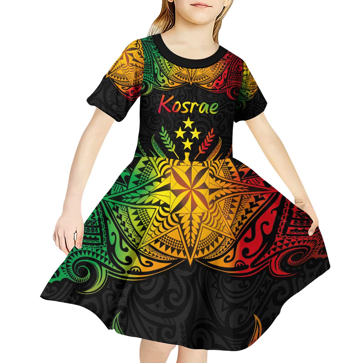 Personalised Kosrae Liberation Day Kid Short Sleeve Dress Polynesian Tattoo and Plumeria Reggae Color LT03 - Polynesian Pride