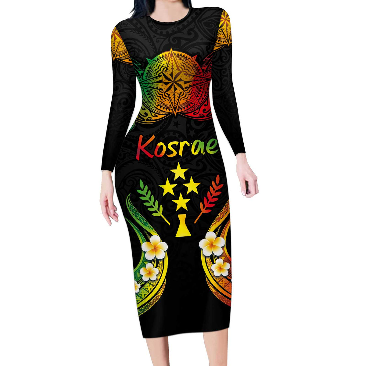 Personalised Kosrae Liberation Day Long Sleeve Bodycon Dress Polynesian Tattoo and Plumeria Reggae Color LT03 Long Dress Reggae - Polynesian Pride