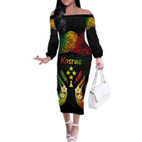 Personalised Kosrae Liberation Day Off The Shoulder Long Sleeve Dress Polynesian Tattoo and Plumeria Reggae Color LT03 Women Reggae - Polynesian Pride