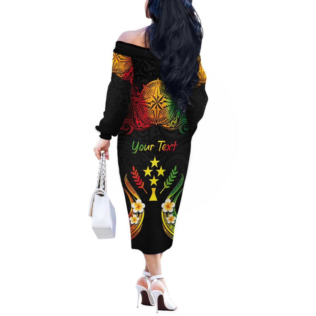 Personalised Kosrae Liberation Day Off The Shoulder Long Sleeve Dress Polynesian Tattoo and Plumeria Reggae Color LT03 - Polynesian Pride