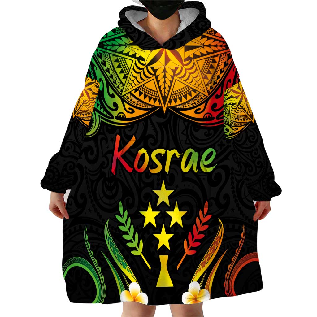 Personalised Kosrae Liberation Day Wearable Blanket Hoodie Polynesian Tattoo and Plumeria Reggae Color LT03 - Polynesian Pride