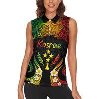 Personalised Kosrae Liberation Day Women Sleeveless Polo Shirt Polynesian Tattoo and Plumeria Reggae Color LT03 - Polynesian Pride