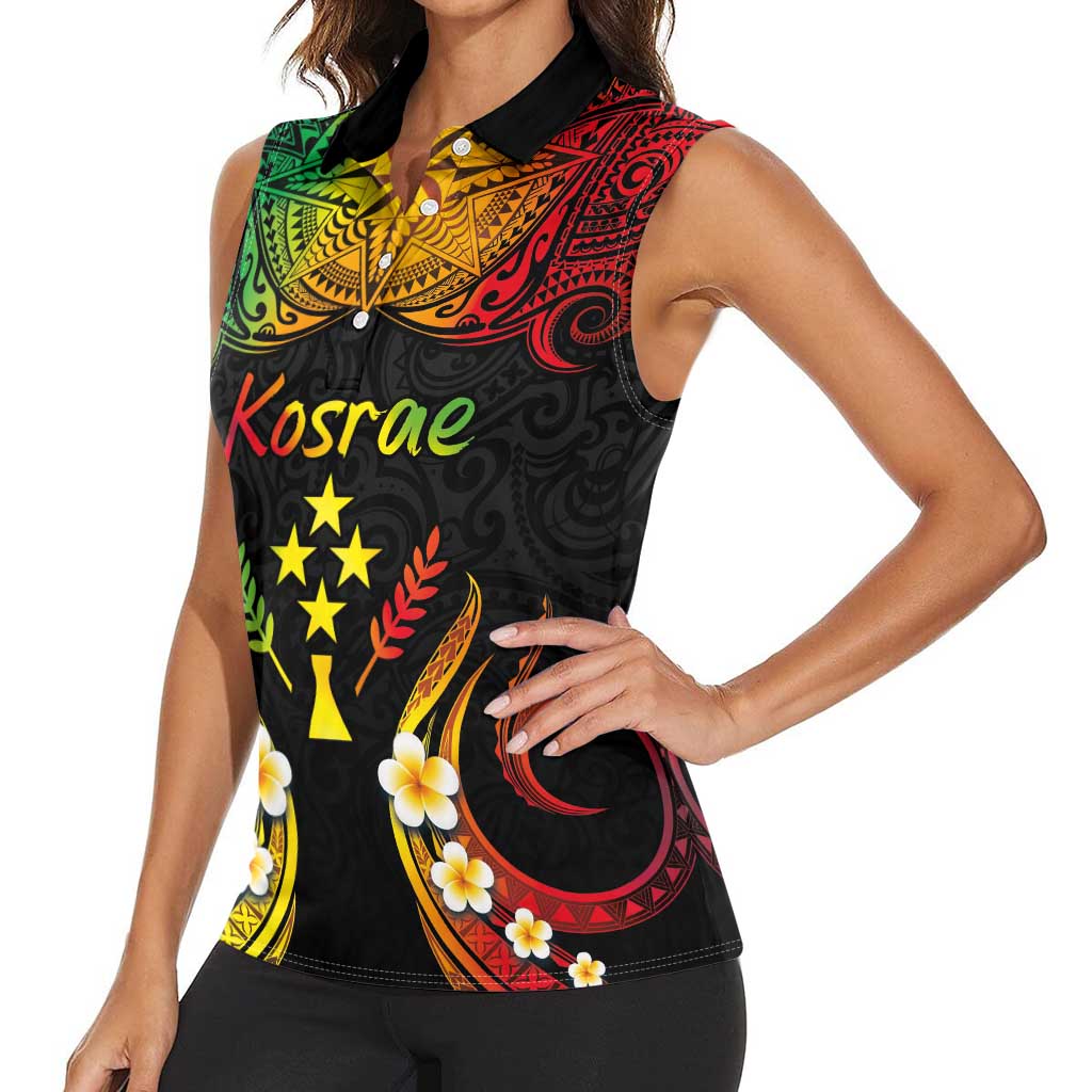 Personalised Kosrae Liberation Day Women Sleeveless Polo Shirt Polynesian Tattoo and Plumeria Reggae Color LT03 - Polynesian Pride