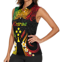 Personalised Kosrae Liberation Day Women Sleeveless Polo Shirt Polynesian Tattoo and Plumeria Reggae Color LT03 - Polynesian Pride