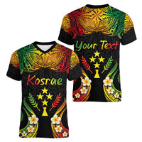Personalised Kosrae Liberation Day Women V-Neck T-Shirt Polynesian Tattoo and Plumeria Reggae Color LT03 - Polynesian Pride