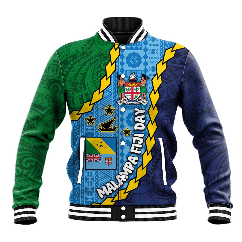 Malampa Fiji Day Baseball Jacket National Symbols with Tapa Tribal and Polynesian Tattoo LT03 Unisex Blue - Polynesian Pride