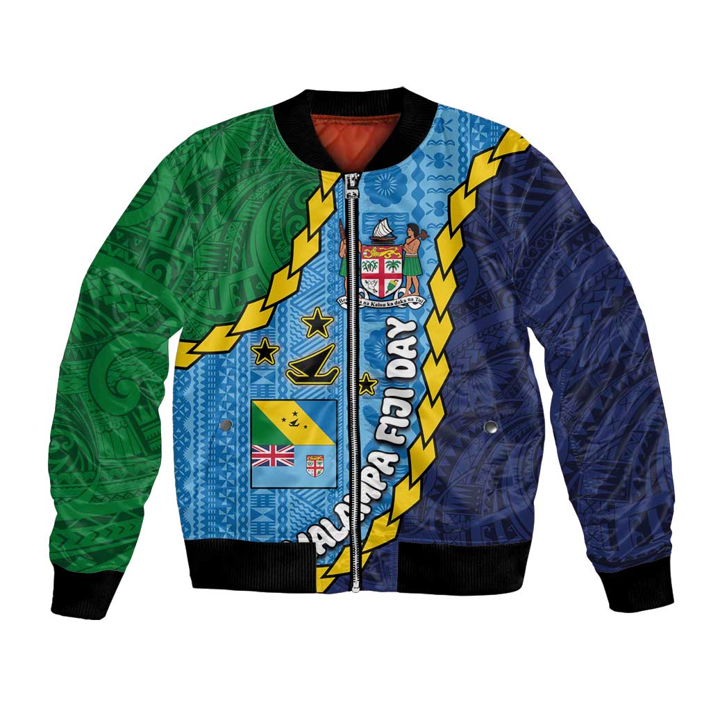 Malampa Fiji Day Bomber Jacket National Symbols with Tapa Tribal and Polynesian Tattoo LT03 Unisex Blue - Polynesian Pride