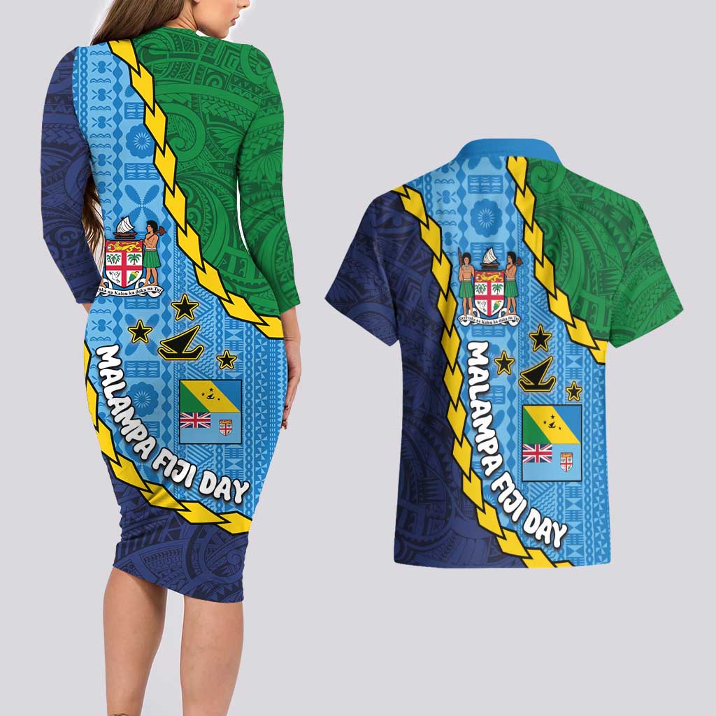 Malampa Fiji Day Couples Matching Long Sleeve Bodycon Dress and Hawaiian Shirt National Symbols with Tapa Tribal and Polynesian Tattoo LT03 - Polynesian Pride