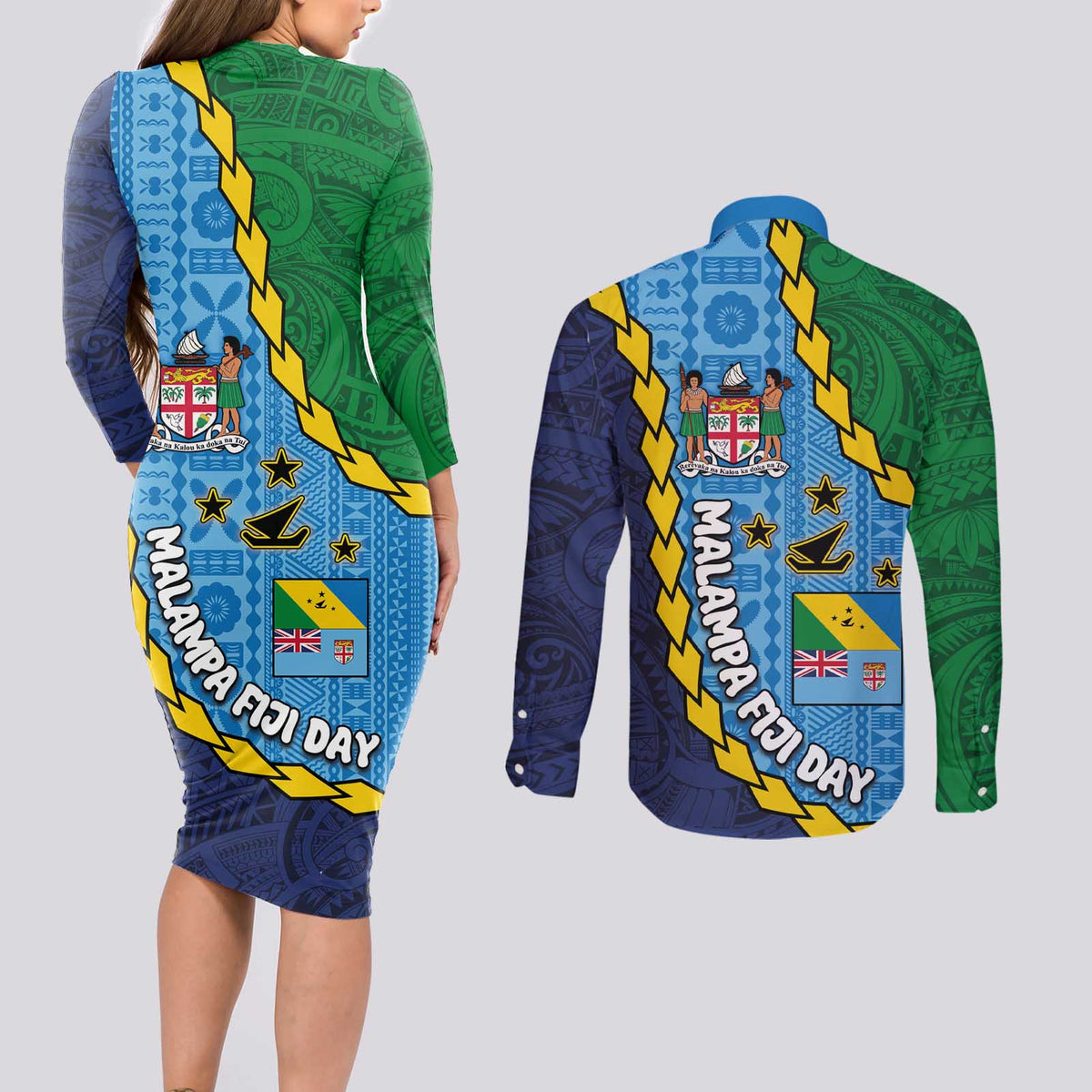 Malampa Fiji Day Couples Matching Long Sleeve Bodycon Dress and Long Sleeve Button Shirt National Symbols with Tapa Tribal and Polynesian Tattoo LT03 - Polynesian Pride