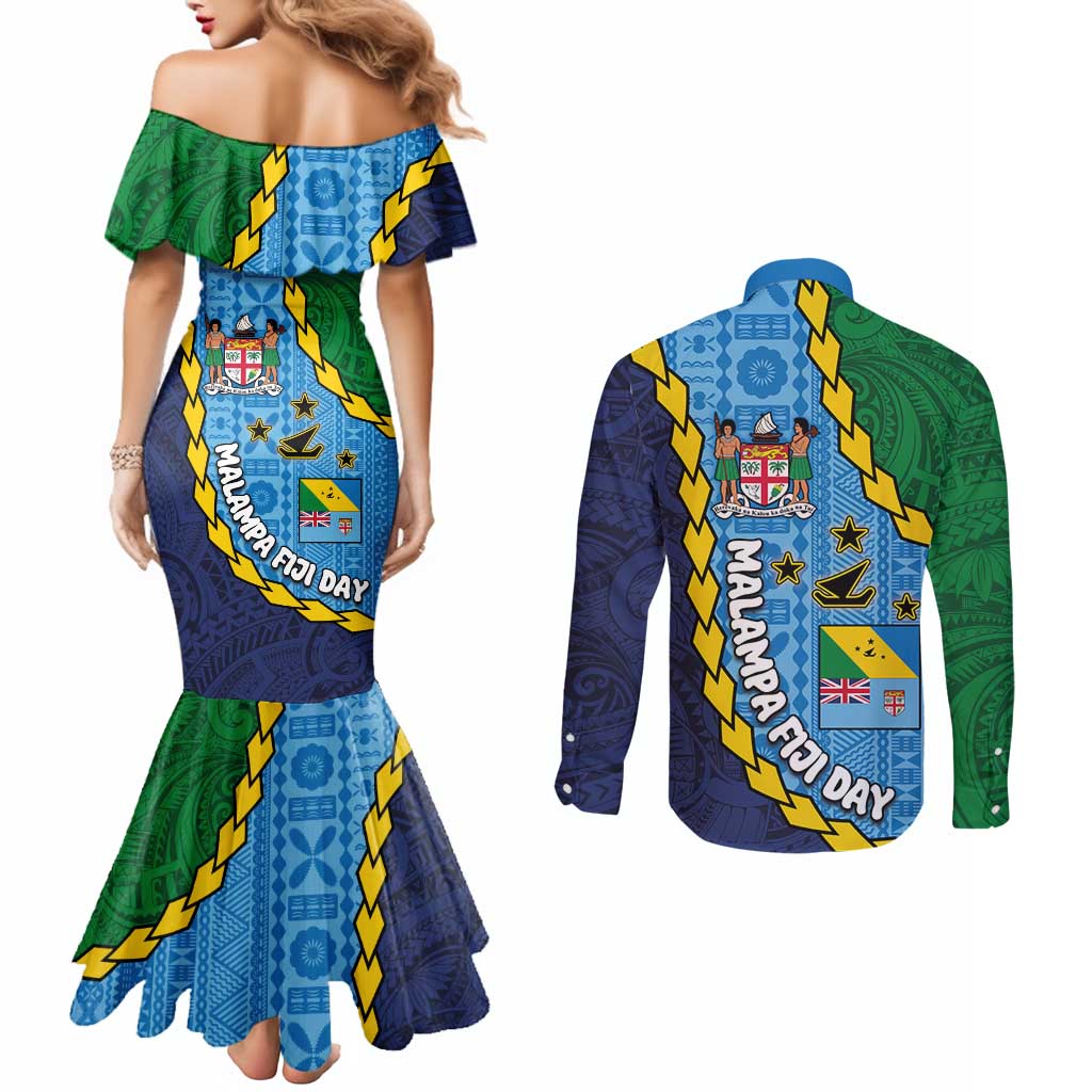 Malampa Fiji Day Couples Matching Mermaid Dress and Long Sleeve Button Shirt National Symbols with Tapa Tribal and Polynesian Tattoo LT03 - Polynesian Pride