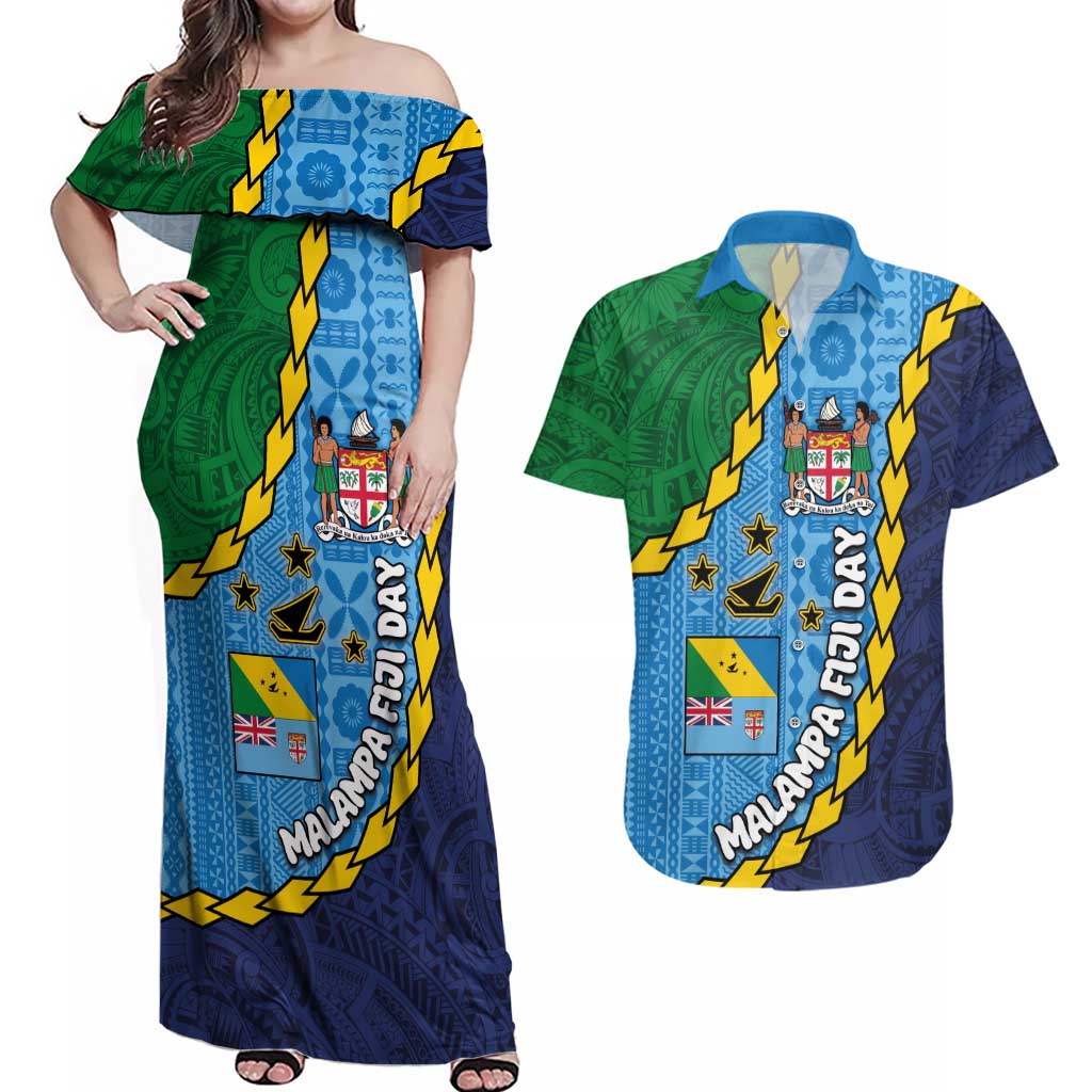 Malampa Fiji Day Couples Matching Off Shoulder Maxi Dress and Hawaiian Shirt National Symbols with Tapa Tribal and Polynesian Tattoo LT03 Blue - Polynesian Pride