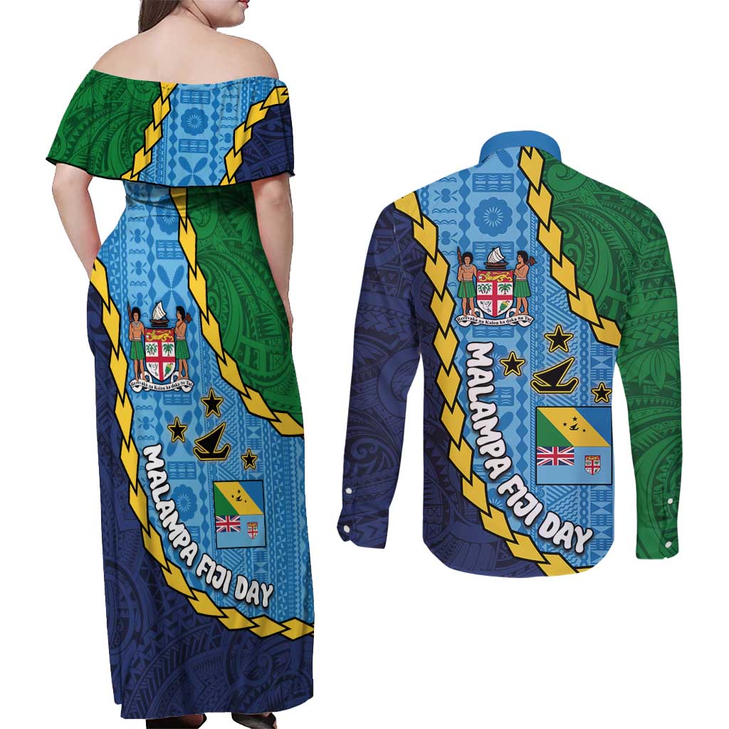 Malampa Fiji Day Couples Matching Off Shoulder Maxi Dress and Long Sleeve Button Shirt National Symbols with Tapa Tribal and Polynesian Tattoo LT03 - Polynesian Pride