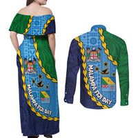 Malampa Fiji Day Couples Matching Off Shoulder Maxi Dress and Long Sleeve Button Shirt National Symbols with Tapa Tribal and Polynesian Tattoo LT03 - Polynesian Pride
