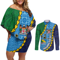 Malampa Fiji Day Couples Matching Off Shoulder Short Dress and Long Sleeve Button Shirt National Symbols with Tapa Tribal and Polynesian Tattoo LT03 Blue - Polynesian Pride