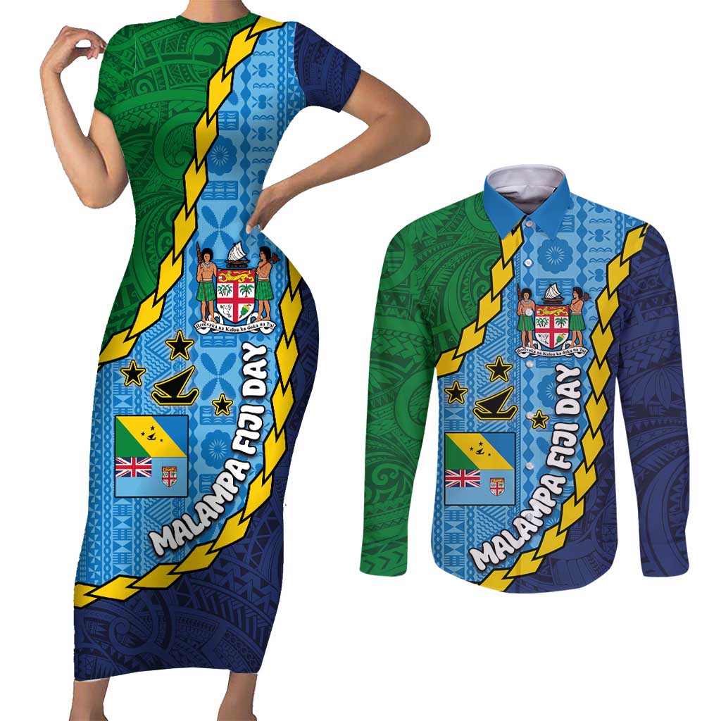 Malampa Fiji Day Couples Matching Short Sleeve Bodycon Dress and Long Sleeve Button Shirt National Symbols with Tapa Tribal and Polynesian Tattoo LT03 Blue - Polynesian Pride