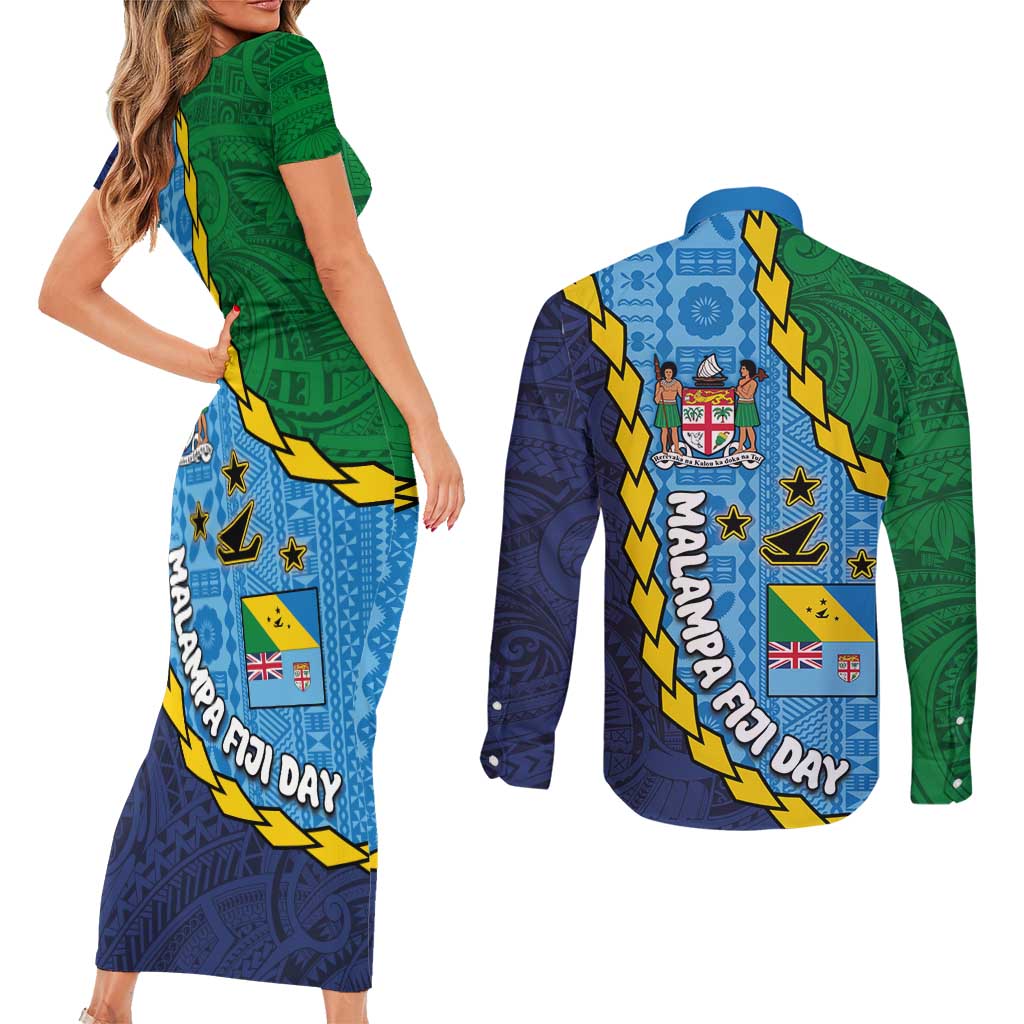 Malampa Fiji Day Couples Matching Short Sleeve Bodycon Dress and Long Sleeve Button Shirt National Symbols with Tapa Tribal and Polynesian Tattoo LT03 - Polynesian Pride