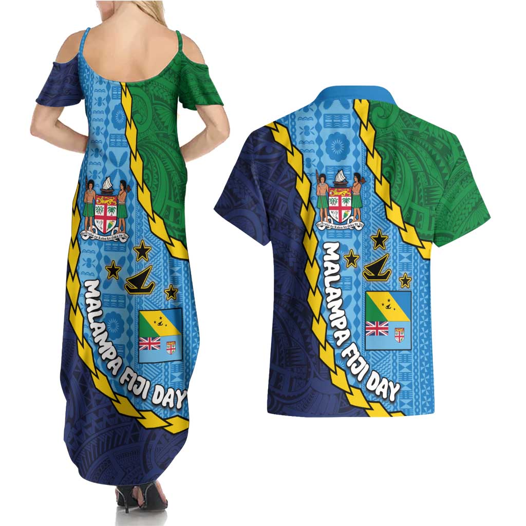 Malampa Fiji Day Couples Matching Summer Maxi Dress and Hawaiian Shirt National Symbols with Tapa Tribal and Polynesian Tattoo LT03 - Polynesian Pride
