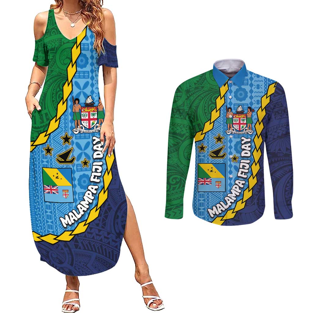 Malampa Fiji Day Couples Matching Summer Maxi Dress and Long Sleeve Button Shirt National Symbols with Tapa Tribal and Polynesian Tattoo LT03 Blue - Polynesian Pride