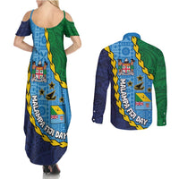 Malampa Fiji Day Couples Matching Summer Maxi Dress and Long Sleeve Button Shirt National Symbols with Tapa Tribal and Polynesian Tattoo LT03 - Polynesian Pride