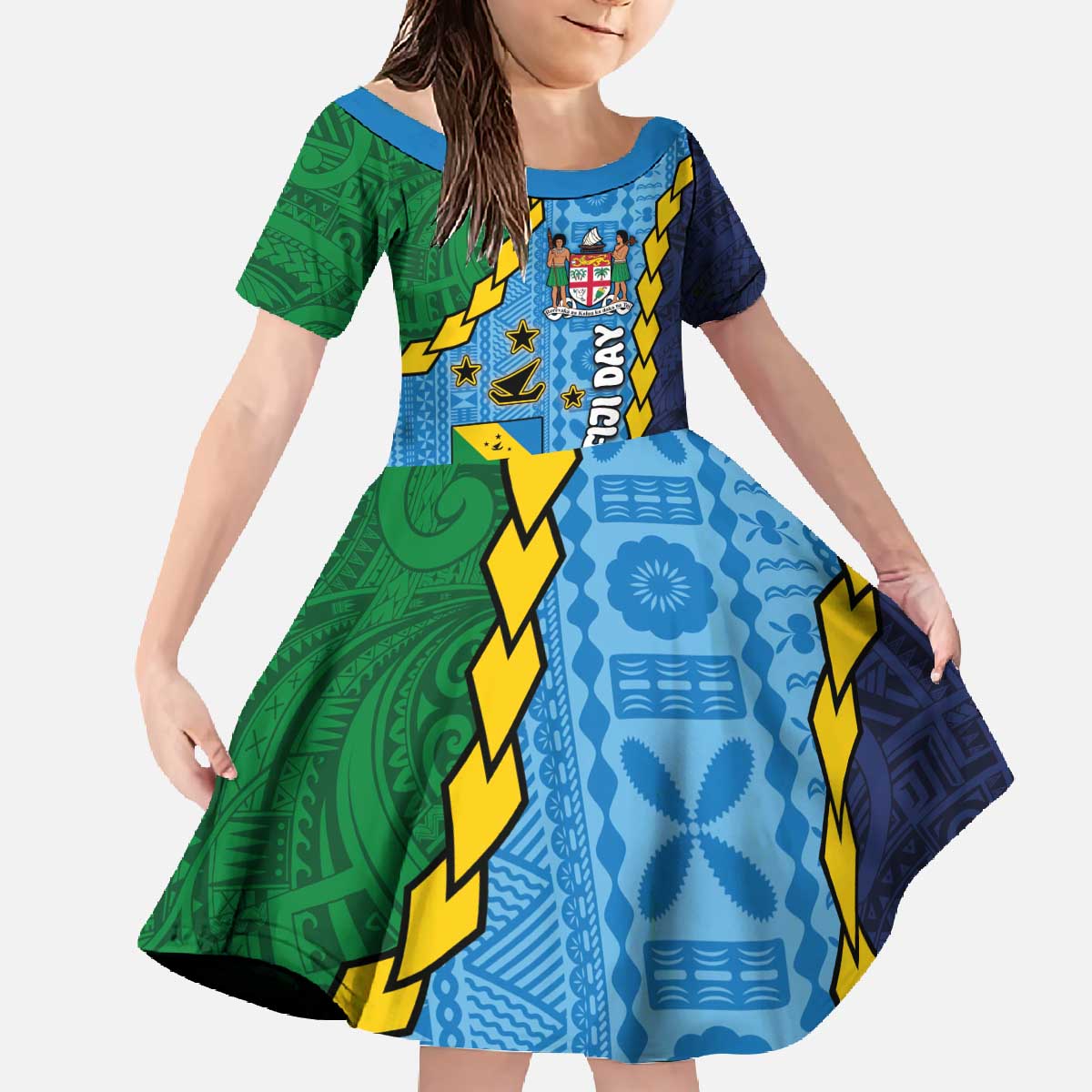 Malampa Fiji Day Family Matching Off The Shoulder Long Sleeve Dress and Hawaiian Shirt National Symbols with Tapa Tribal and Polynesian Tattoo LT03 Daughter's Dress Blue - Polynesian Pride