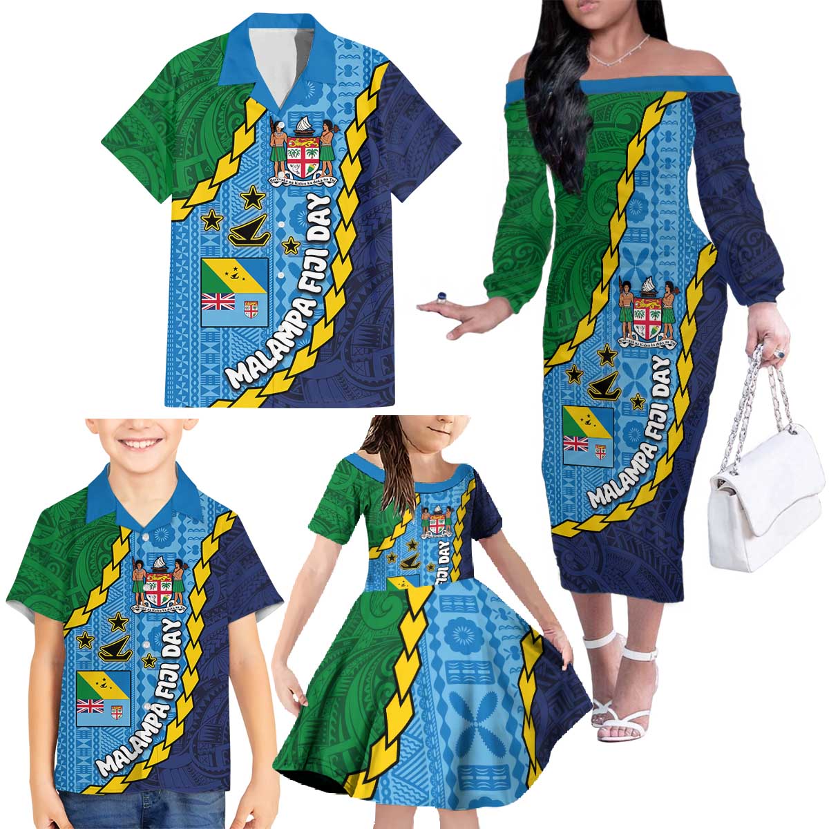 Malampa Fiji Day Family Matching Off The Shoulder Long Sleeve Dress and Hawaiian Shirt National Symbols with Tapa Tribal and Polynesian Tattoo LT03 - Polynesian Pride