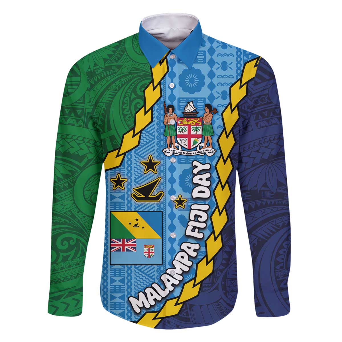 Malampa Fiji Day Family Matching Off The Shoulder Long Sleeve Dress and Hawaiian Shirt National Symbols with Tapa Tribal and Polynesian Tattoo LT03 Dad's Shirt - Long Sleeve Blue - Polynesian Pride