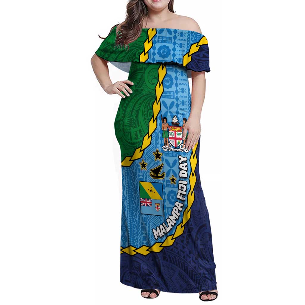 Malampa Fiji Day Family Matching Off Shoulder Maxi Dress and Hawaiian Shirt National Symbols with Tapa Tribal and Polynesian Tattoo LT03 Mom's Dress Blue - Polynesian Pride