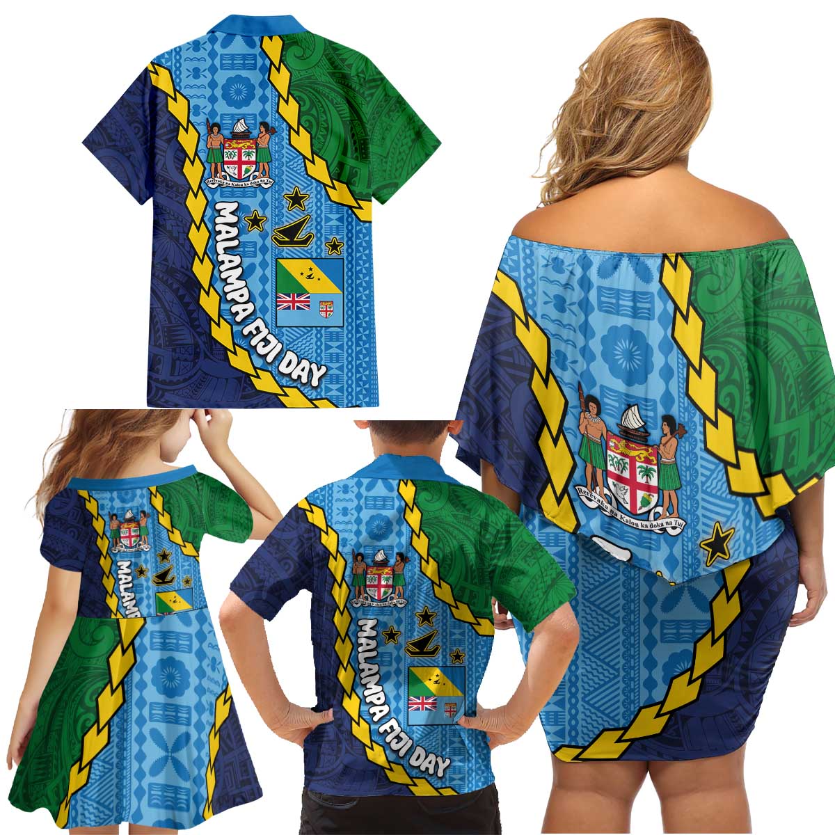 Malampa Fiji Day Family Matching Off Shoulder Short Dress and Hawaiian Shirt National Symbols with Tapa Tribal and Polynesian Tattoo LT03 - Polynesian Pride