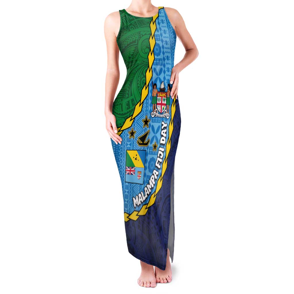 Malampa Fiji Day Family Matching Tank Maxi Dress and Hawaiian Shirt National Symbols with Tapa Tribal and Polynesian Tattoo LT03 Mom's Dress Blue - Polynesian Pride