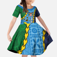 Malampa Fiji Day Kid Short Sleeve Dress National Symbols with Tapa Tribal and Polynesian Tattoo LT03 KID Blue - Polynesian Pride
